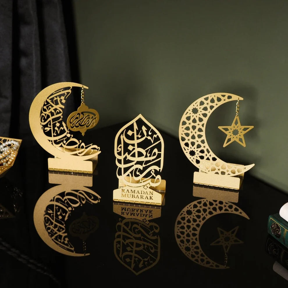Ramadan Mubarak Set of 3 Golden Metal Candle/Dates Holder