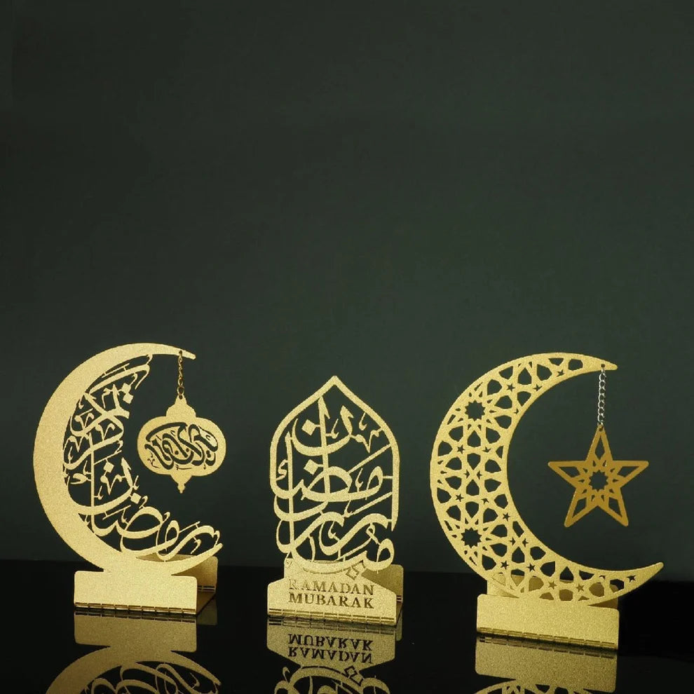 Ramadan Mubarak Set of 3 Golden Metal Candle/Dates Holder