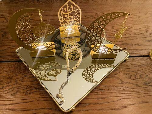 Ramadan Mubarak Set of 3 Golden Metal Candle/Dates Holder
