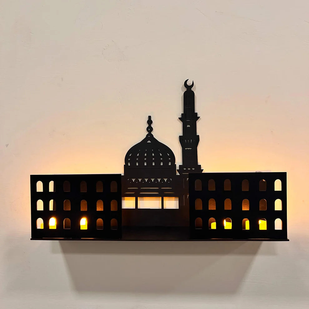 3D Islamic Wooden Shelves – Khana Kaba & Roza Rasool (SAW) Design with 4 LED Candles